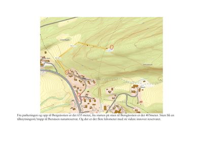 Kart over et terreng med stier, bygninger og høydemålinger.