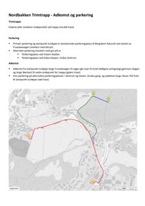 Kart over Nordbakken Trimtrapp som viser ruter for adkomst og parkering med markerte traseer og punkter.