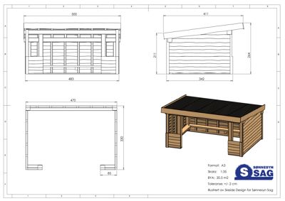 Fasadetegning med oppriss av en hytte sett fra tre sider (front, side og bak), samt en 3D-visualisering av bygningen. Tegningen inneholder mål og teknisk informasjon.