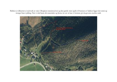 Satellittbilde (flyfoto) av et område med overlagte ruter som viser stier, skog og en vei, med tekstbeskrivelse av et naturreservat og ryddingsarbeid.