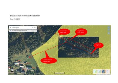 Situasjonskart med flyfoto som viser tomt, nabogrenser og avstander til nærmeste bygning.