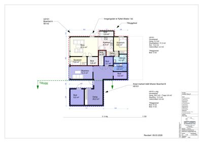 Etasjeplan som viser romfordeling, arealer og innvendige mål for en bolig.