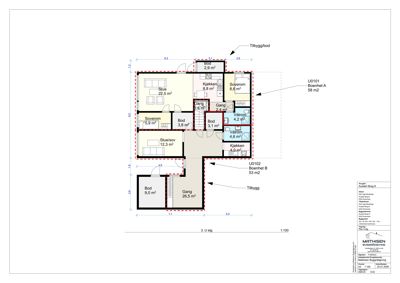 Etasjeplan (3. U etg) som viser romfordeling, arealer og bygningsstruktur.