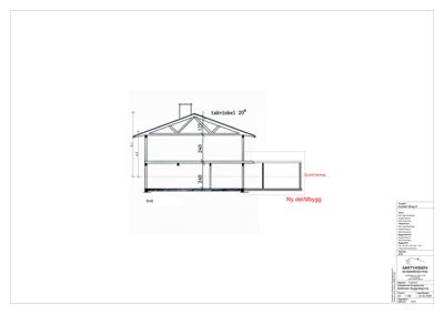 Snittegning som viser tverrsnittet av en bygning med takvinkel og etasjer.