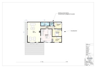 Etasjeplan som viser romfordeling for første etasje med stue, kjøkken, bad og soverom.