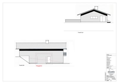 Bildet viser fasadetegninger for en bygning, inkludert en oppriss (Fasade Syd) og en detaljert tegning av fasaden sett fra øst (Fasade Øst).