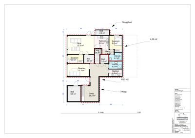 Etasjeplan (3. U etg) som viser romfordeling, arealer og tilbygg for en bolig.