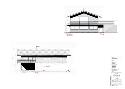 Fasadetegning som viser bygningens utseende fra nord og vest, inkludert detaljer om tilbygg.