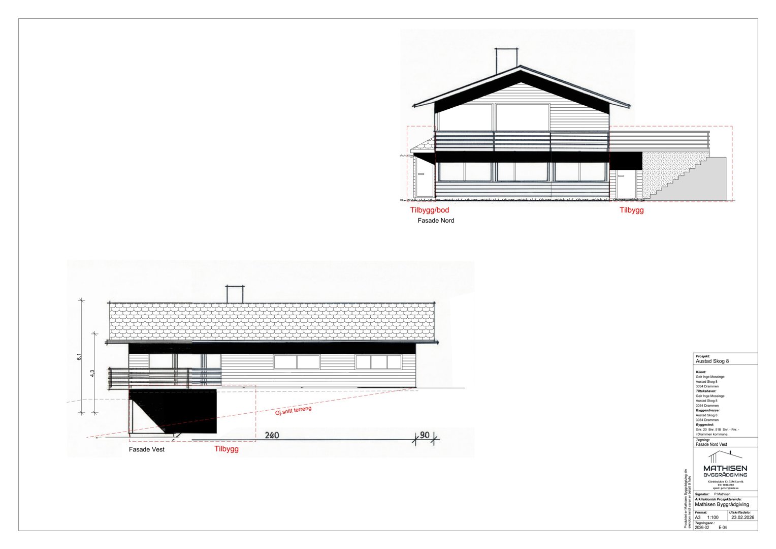 Fasadetegning som viser bygningens utseende fra nord og vest, inkludert tilbygginger.