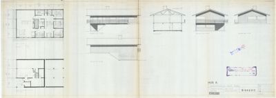 Bildet viser en tegningsside med etasjeplan (floor plan) til venstre og fasadetekninger (facade) til høyre.