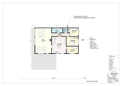 Etasjeplan (1. etasje) som viser romfordeling, arealer og veggforløp for en bolig.