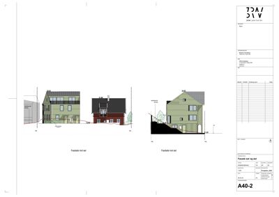 Tegning som viser fasadeoppsett for en bygning sett fra sør og øst, inkludert mål og detaljer.