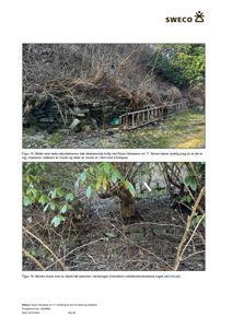 Fotografier av en natursteinmur bak en bolig, med tekster som beskriver murens tilstand og kollaps.