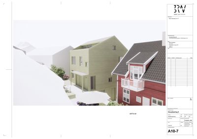 3D-visualisering (rendering) av en nybygget bolig sett fra siden, med omgivende nabolag.