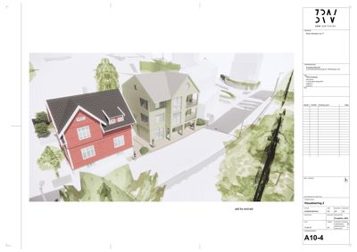 3D-visualisering (rendering) av et nytt bygg sett fra nord-øst, inkludert omgivelsene.