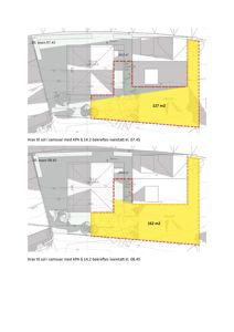 Situasjonsplaner som viser solforhold (gule områder) for en tomt på to ulike tidspunkt (20. mars 07:45 og 08:45).