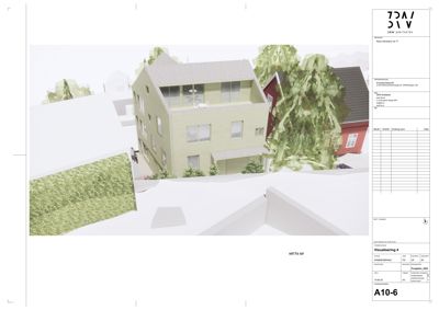 3D-visualisering (rendering) av en planlagt bygning sett fra et visningsvinkel.