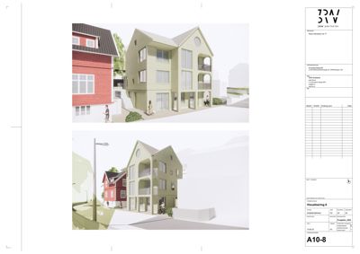 3D-visualiseringer av en planlagt bygning sett fra ulike vinkler, inkludert nabolag og gateliv.