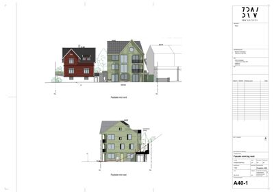 Fasadetegning som viser bygningens utseende sett fra nord og vest.