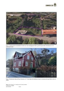 Bildet inneholder to fotografier: et tredimensjonalt oversiktsbilde (flyfoto) av et kartleggingsområde og et fotografi av en eksisterende rød bolig.