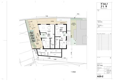 Etasjeplan (1. etasje) som viser romfordeling, dimensjoner og arealer for en bolig.