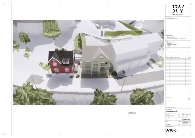 3D-visualisering (rendering) av et nytt bygg i forhold til eksisterende nabohus og omgivelsene.