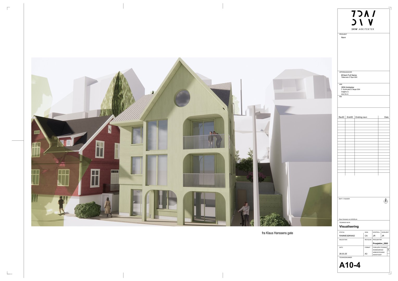 3D-visualisering av en grønn farget bolig med balkonger, sett fra Klaus Hanssens gate.