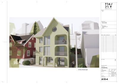 3D-visualisering av en grønn farget bolig med balkonger, sett fra Klaus Hanssens gate.