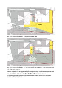 Situasjonsplaner som viser to ulike forslag til plassering av uteoppholdsareal (gult) på en tomt. Planene illustrerer hvordan kravet til sol (KPA § 14.2) er ivaretatt i hvert tilfelle.