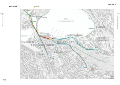Kart som viser et målpointsystem (rute) i Oslo med punkter for bybane, buss, kultur, idrett, park og bulker.