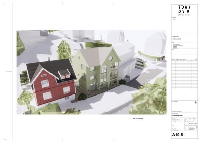3D-visualisering av et boligfelt med to hus, sett fra nord-øst.