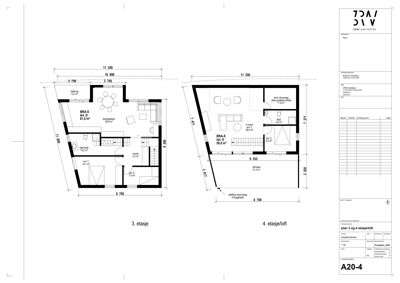 Plantegning som viser romfordeling og dimensjoner for 3. etasje (venstre) og 4. etasje/loft (høyre).