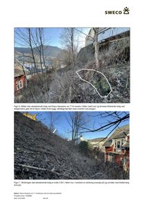 Fotografier av eksisterende bolig og terrengforhold med tilhørende beskrivende tekst.
