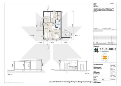 Bildet viser en plantegning (plan) for et hus med romfordeling, samt to snittegninger (Snitt A og Snitt B).