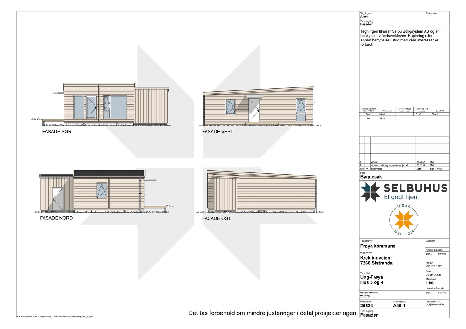 Fasadetegning som viser oppriss av huset sett fra alle fire sider (Nord, Sør, Øst, Vest).