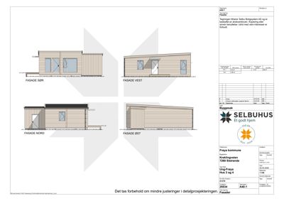 Fasadetegning som viser oppriss av huset sett fra alle fire sider (Nord, Sør, Øst, Vest).