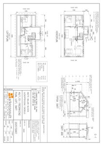 Etasjeplan (LOFTSPLAN) og hovedplan (HOVEDPLAN) for en bolig, inkludert romfordeling, dimensjoner og fasadeopprikk.