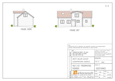Fasadetegning som viser bygningens utseende sett fra nord og øst.