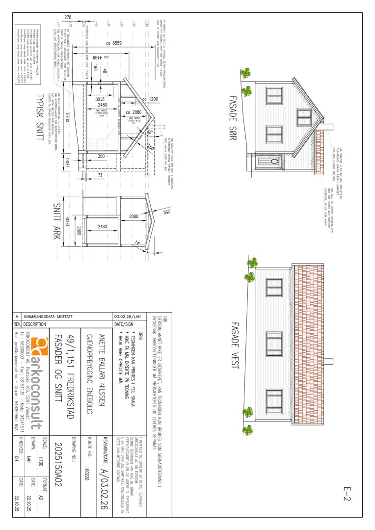 Tegning som viser fasader (Sør og Vest) og et typisk snitt av en bolig.