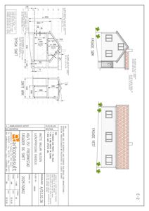 Bildet viser fasadetegninger (Fasade Sør og Fasade Vest) samt snittegninger for en bygning.
