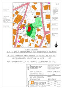 Situasjonsplan som viser tomtens beliggenhet i forhold til nabolag, eksisterende bygg, vegger og arealer.