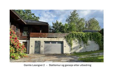 Fotografi av en støtemur og garasje etter utbedring, med tekstbeskrivelse under.