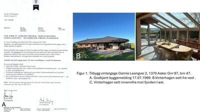 Fotografier av en vinterhage og et hus (Gamle Leangvei 2, Asker) fra en byggesak.