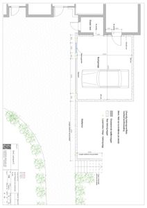 Situasjonsplan som viser tomtens grenser, eksisterende og nye bebyggelser (hus og bod), samt plassering av biloppstillingsplasser.