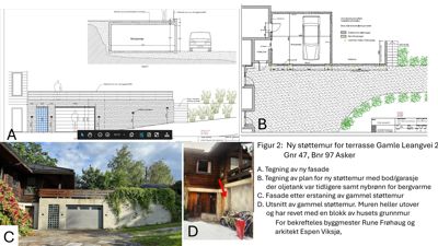 Et sammensatt bilde som viser en byggesak for et hus i Gamle Leangvei 2, Asker. Bildet inneholder to tegninger (A og B) som illustrerer fasade og planløsning, samt to foton (C og D) av eksisterende hus med ny støttmur.