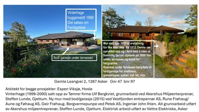 Fotografi av en eksisterende bygning (Vinterhage) med overlagte tekstbokser som forklarer bygghistorikk og endringer.