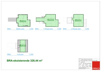 Plantegning som viser romfordeling og BRA-areal for eksisterende bygning på kjeller, 1. etasje, 2. etasje og loft.