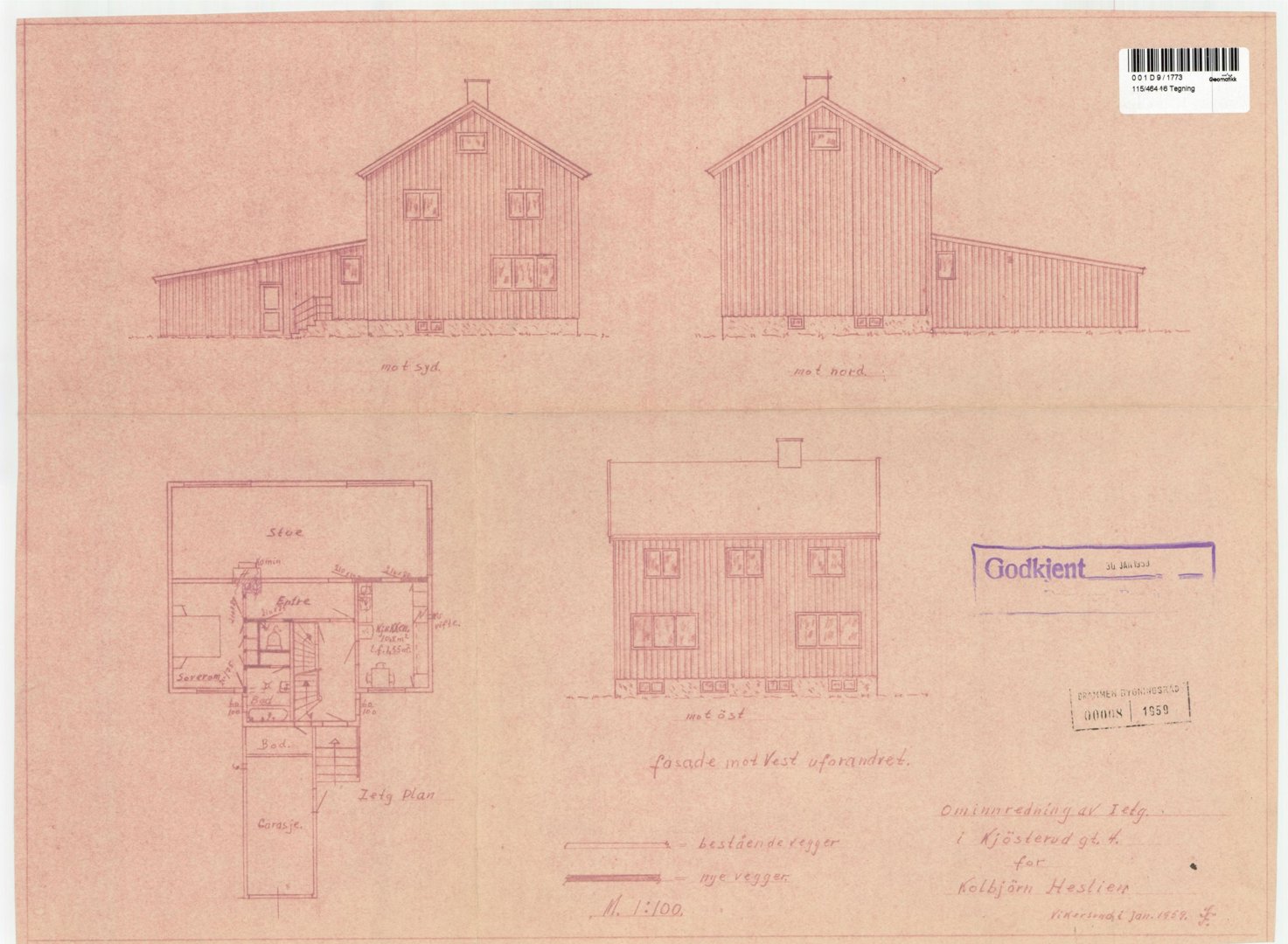 Bildet viser en tegning med fire utsnitt av en bygning: to fasader (mot syd og nord) og to snitt (mot øst og vest).