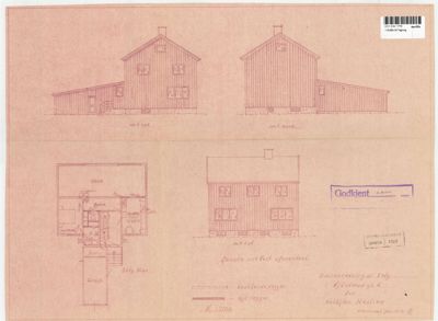 Bildet viser en tegning med fire utsnitt av en bygning: to fasader (mot syd og nord) og to snitt (mot øst og vest).