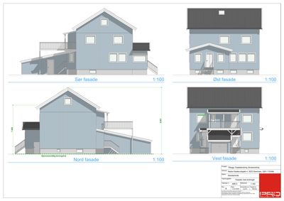Fasadetegning som viser Sør, Øst, Nord og Vest fasade med mål og detaljer.